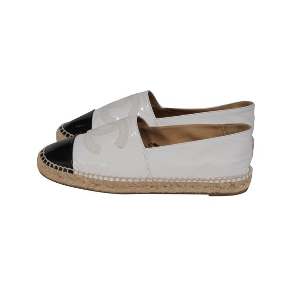 Chanel Women CC Logo Espadrilles EU 39 US 9 White Black Patent Leather Cork Sole - Picture 4 of 12
